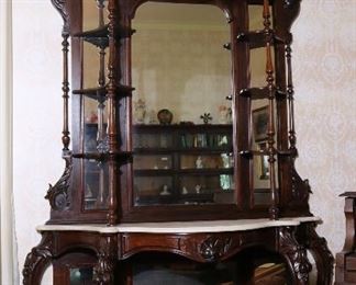 067 - Rococo Victorian white marble top etagere with bonnet shaped crest, 106 in. T, 63.5 in. W, 18.5 in. D.