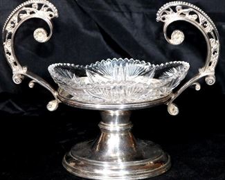 133 - Silver-plate Victorian card receiver with brilliant cut glass bowl, 10 in. T, 12 in. W, 4.5 in. D.