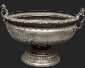 063 - Monumental Silvered Bronze Urn, very heavy and ornate with Lion Head Handles.