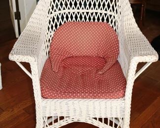 109 - Antique wicker rocker in bar harbor pattern, 36 in. T, 32 in. W, 20 in. D.