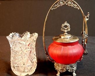 300 - 2 pieces, brilliant cut glass spooner, pickle caster, 5 in. W, 9 in. T.