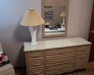 95  triple dresser  and  mirror  for  bedroom set-handles  appear  to  be  lucite