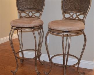 6. Lot F6 (0011.jpg) – Bar Stools. Hand Made Metal Frame. Suede Pillows. 44 ½” High, 18” wide (diameter) settee