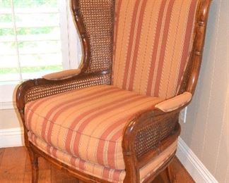 5. Lot F5 (0009.jpg 0010.jpg)  - Ethan Allen - Rattan Cane Side Wing Chair Faux Bamboo.  40” H x 30” W x Back top from seat 28 ½” High 