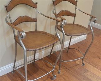 20. Lot F20 (0031.jpg 0032.jpg) – $ - Pair Bar Stools - High End Leather and Wrought Iron Bar Stools. Hand Made. 41” high back x 24” high – Seat- 17 ½” x 17”