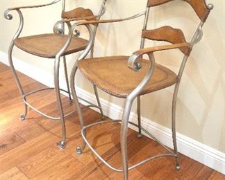 20. Lot F20 (0031.jpg 0032.jpg) –  - Pair Bar Stools - High End Leather and Wrought Iron Bar Stools. Hand Made. 41” high back x 24” high – Seat- 17 ½” x 17”