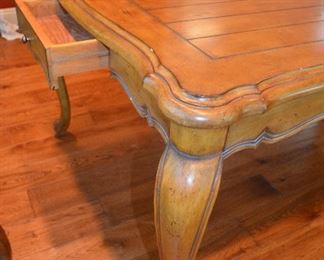 21. Lot F21 (0034.jpg to 0042.jpg) - Dining Room Table With 6 Chairs (2 Captain) with Extra Leaf and Drawers on Both Ends. Table: 78” Long x 46” wide, 98” Long with the Extension Leave (seats more than 6 people). Chairs: 41” High Back, Wide 21” x 18” Seat.