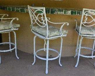 41. Lot F41 (0092.jpg)  – 3 pc. Tropitone Cast Aluminum Bar Stools with Pillows. 45” High, 22” wide.  