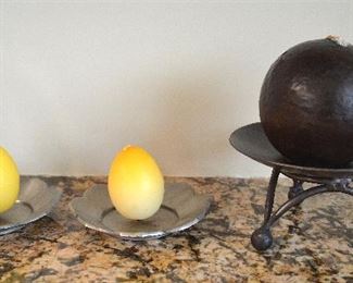 95. Lot S95 (0180.jpg  – 3 Metal candle Holders. Large (Canon) – 6 ½” High and 2 Holding Eggs like Candles.