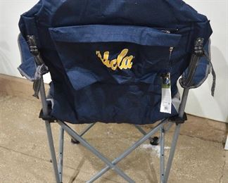 165. Lot F165 (0304.jpg 0305.jpg) -$30.00 - Portable Folding Chair with Storage Tote – Reclining Camp Chair by Pacific Time. Blue/Gray with Cup Holder. Model 803-00. USLA on the back.