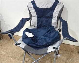 165. Lot F165 (0304.jpg 0305.jpg) -$30.00 - Portable Folding Chair with Storage Tote – Reclining Camp Chair by Pacific Time. Blue/Gray with Cup Holder. Model 803-00. USLA on the back.