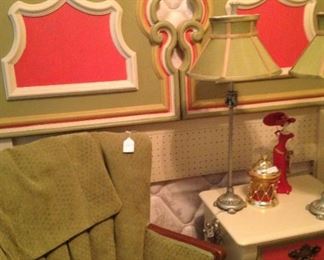 Queen headboard; green chair; matching nightstand