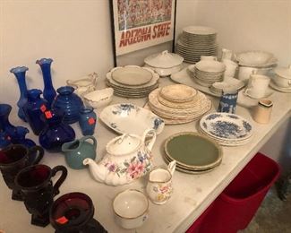 China set and blue glassware