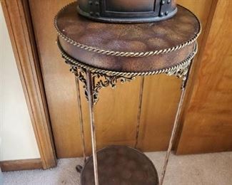 Metal Side Table with Wrought Iron Base and Small Vintage Case