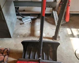 Lot with Red Bristle Push Broom and Snow Shovel