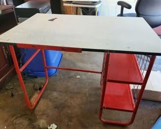 1 Red Metal Framed Table with 2 Shelves