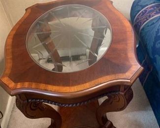 Beautiful Carved Wood With Glass Top End Table