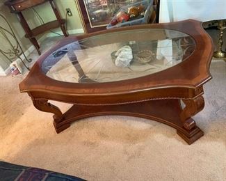 Beautiful Carved Wood With Glass Top Coffee Table