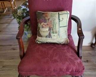 Burgandy Walnut Claw Footed Arm Chair w/ Decorative Doilly and Pillow
