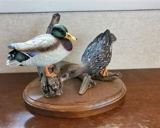 Decorative Duck Display on Wooden Base
