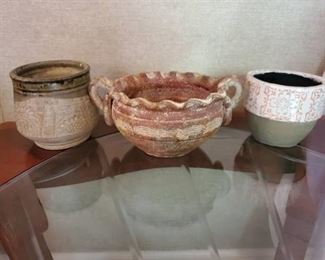 Lot of 3 Pots with Designs. 1 With Handles.