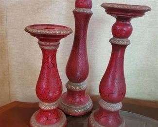 Lot of 3 Red Crackled Painted Candle Sticks