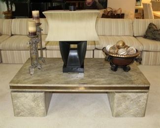 Marble coffee table, candle holders, lamp
