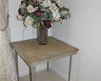 Wood card table, floral arrangement 