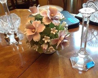 Capodimonte porcelain flower arrangement; Val St. Lambert Belgian crystal candlesticks