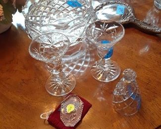 Waterford items--candlesticks, ornament, and bell