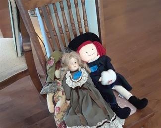 Dolls; antique oak chair