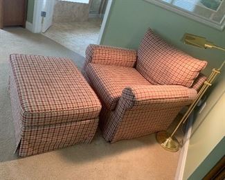 Lot P24, Custom Lounge Chair with Ottoman, red and green plaid upholstery, $85