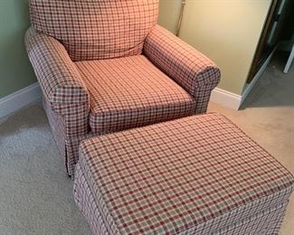 Lot P24, Custom Lounge Chair with Ottoman, red and green plaid upholstery, $85