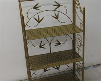 ITEM 14 -- faux bamboo metal folding shelf with floral and Greek key design. 21" wide, 10 1/2" deep, 46" high. $75.00