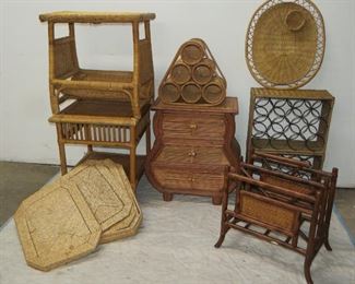 ITEM 35 --- 8 piece wicker and rattan lot, table 3 drawers,wine racks, tables $100.00