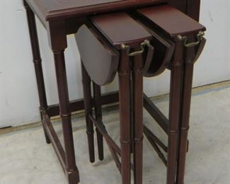 ITEM 56---Mahogany faux bamboo nest of drop leaf tables. $75.00