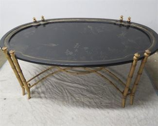 ITEM 62---contemporary faux bamboo paint decorated coffee table. 59.1/2 " long, 37" wide, , 22" table height, 24" highest point. $250.00
