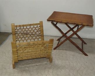 ITEM 75---Bamboo folding table and bentwood , snowshoe, rawhide log holder. Table 24.5" long, 16.5" wide, 20 1/4' high. log 20 1/4 long, 24" deep, 17" high. $100.00