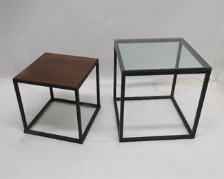 ITEM 80---2 MCM metal cube tables. glass top 18" x 18" x 18 1/4 " high, wood top 14.5" x14.5", 15 1/4"high. some paint wear. $125.00