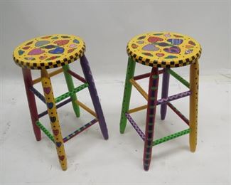 ITEM 90---Pair of hand painted stools 13" diameter seats, 24.5" high. $60.00