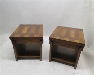 ITEM 101---Lane MCM brutalist style end tables. veneer chip and surface wear.. 22" wide, 27" deep, 21" high. $200.00