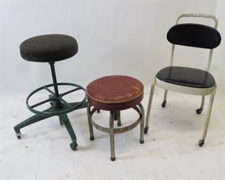 ITEM 125 ---2 adjustable swivel stools, 1 metal chair, green stool-seat 14" diameter, base 27" wide. Chair-30" high,16" wide, 19" deep. Red stool14" diameter seat, 15" w base. $ 150.00