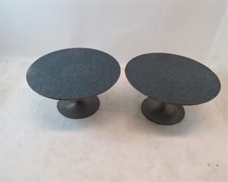 pair of Saarinen style tulip metal base tables with laminate. tops have chips and edges are worn. PIC 4