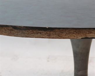 pair of Saarinen style tulip metal base tables with laminate. tops have chips and edges are worn. PIC 3