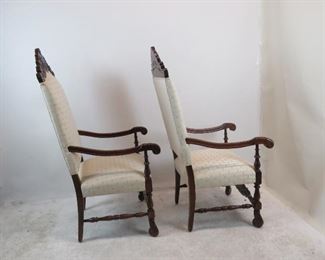 Pair of Jacobean hand carved walnut throne arm chairs. PIC 2