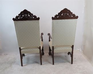 Pair of Jacobean hand carved walnut throne arm chairs. PIC 5