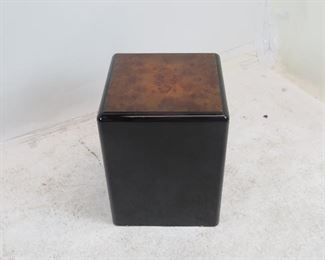ITEM 145 ---Burl wood top and black pedestal. minor chips .14" wide, 14" deep, 18" high. $125.00