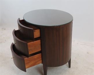 Ethan Allen 3 drawer oval cabinet with glass top. PIC 2