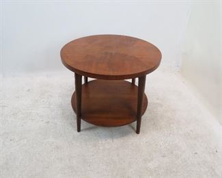 ITEM 172 ---Lane MCM 2 tier table. scratches, minor chips. 28" diameter, 23 1/4" high $100.00