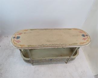 French style 2 tier console table with double cane corners. distressed and hand painted, artist signed - Steve B 2006. PIC 2